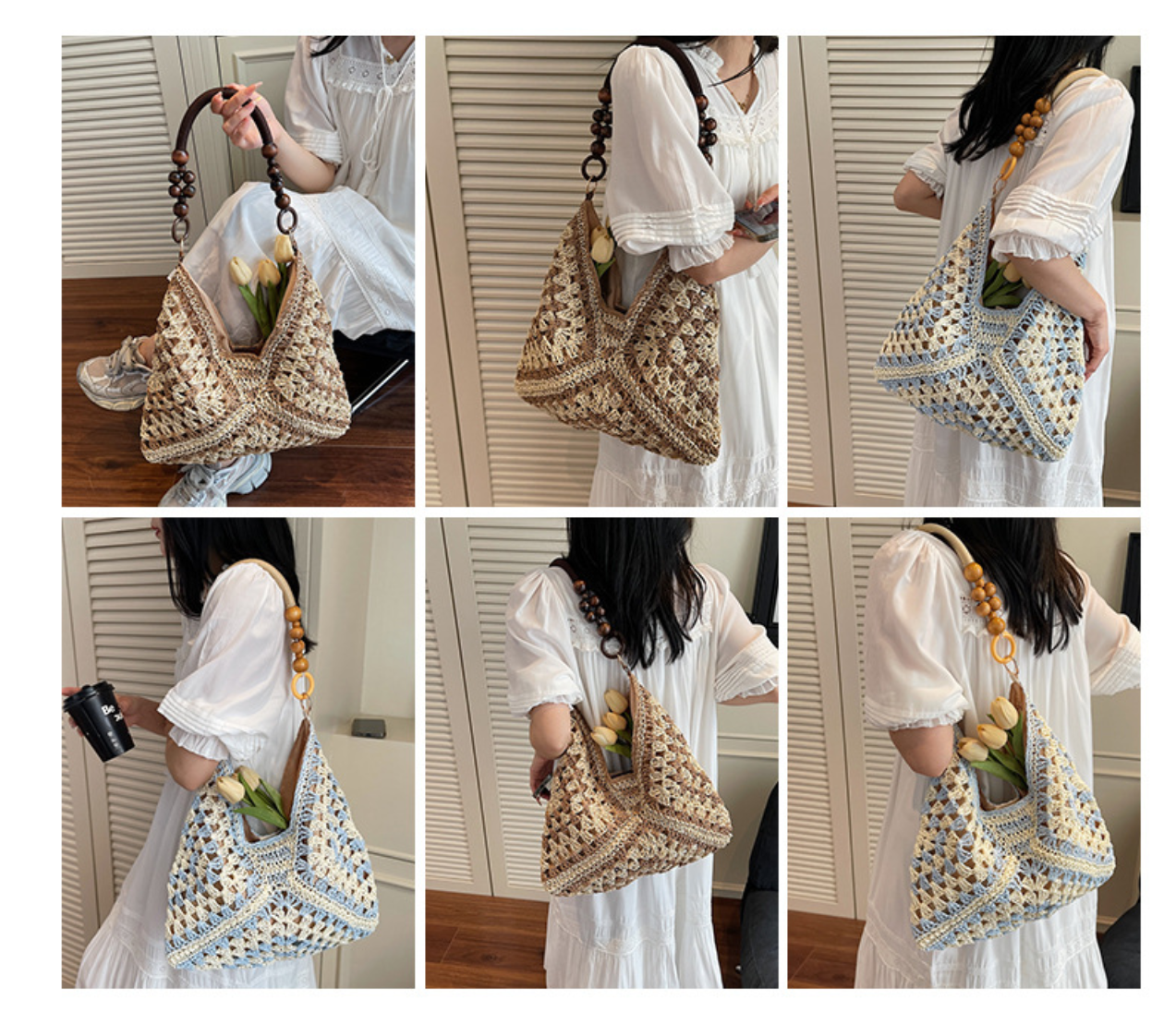 Women Summer Hollow Straw 2026 New Vintage Wood Bead Shoulder Beach Bag