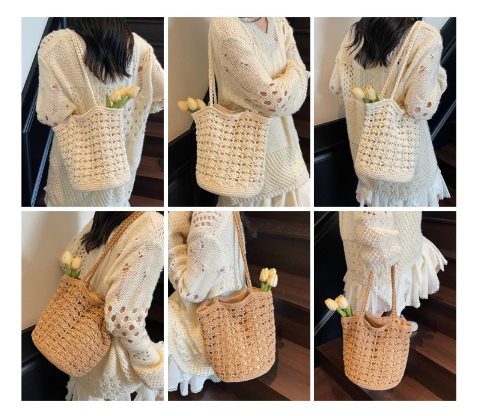 Women Fashion Hollow Woven 2026 New Lazy Shoulder Bucket Beach Bag