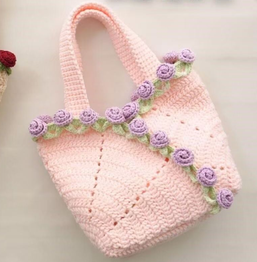 Rose Hand Knitting Yarn Crochet Woven Floral Bouquet Bag
