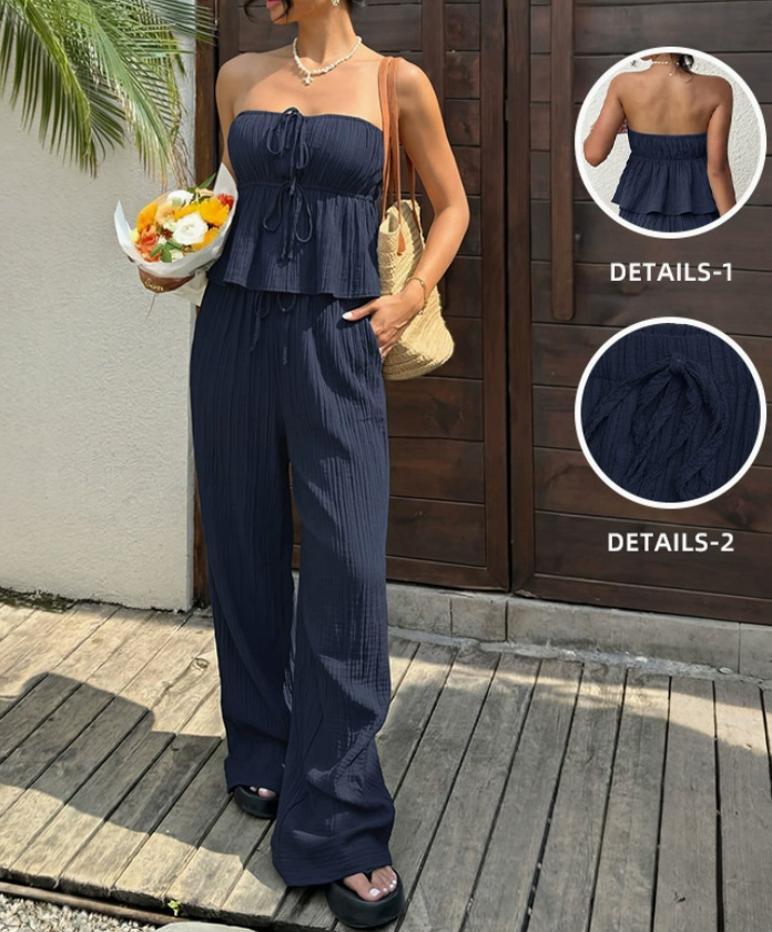 2026 Summer New Casual Solid Strapless Ruffle Tank Top Wide Leg Pants Two Piece Set