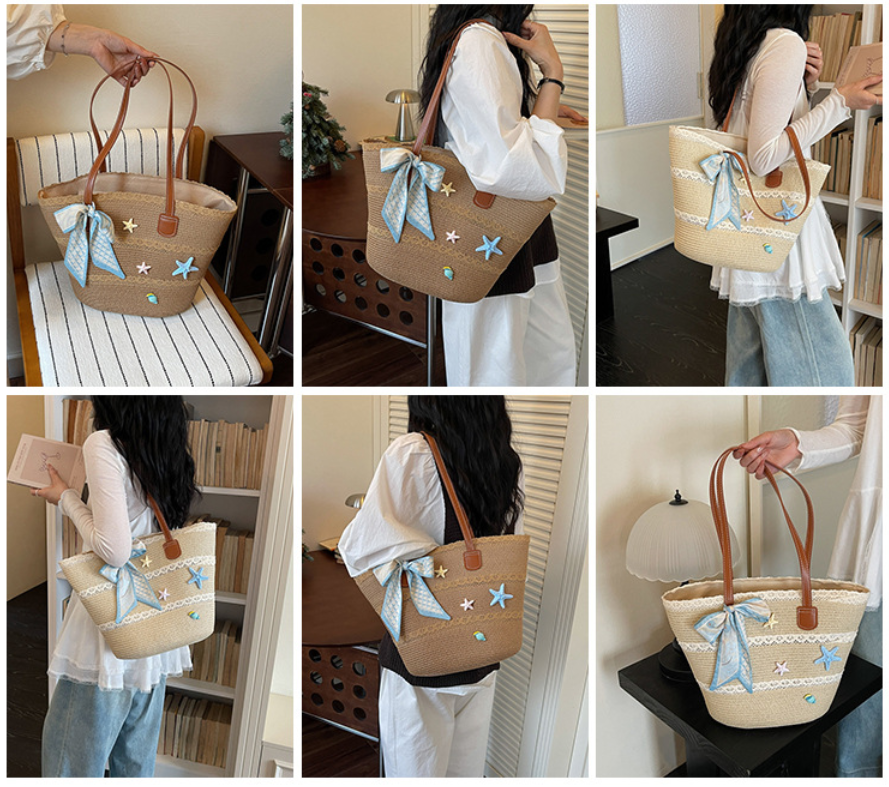 Women New Straw Picnic Woven Beach Handheld Tote Bag