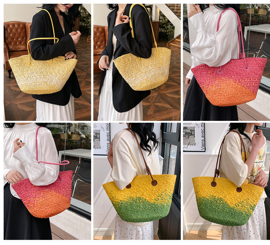 Colorful Large Straw Minimalist Handheld Natural Hollow Woven Beach Bag