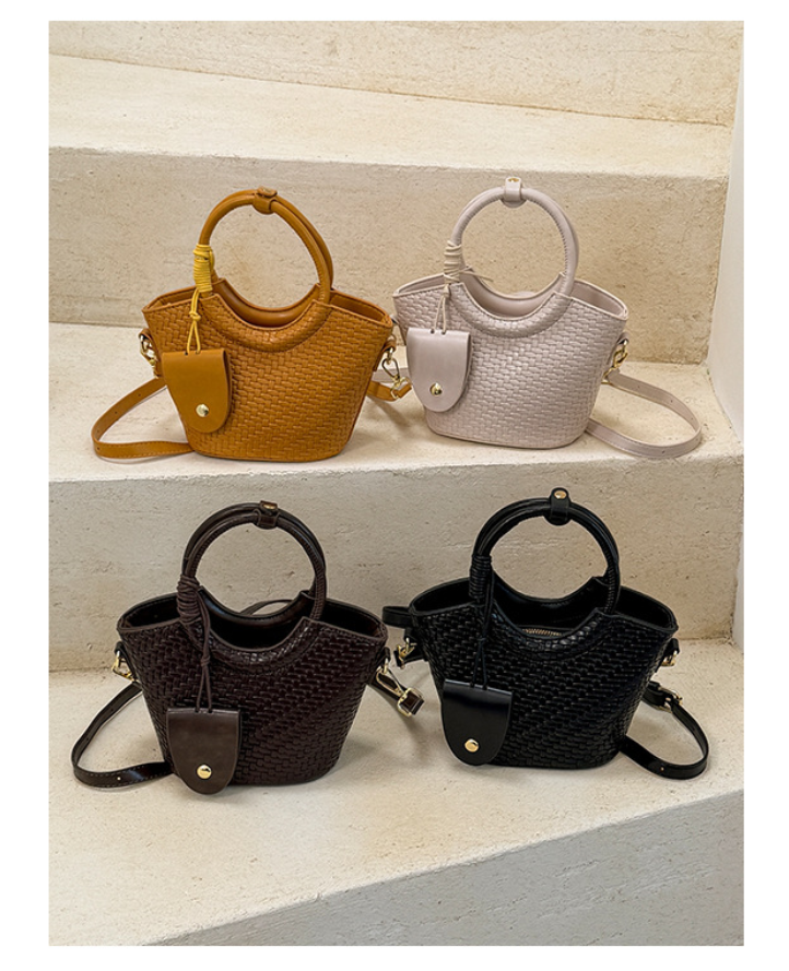 Woven Mini Tote Bag with Round Handles and Crossbody Strap