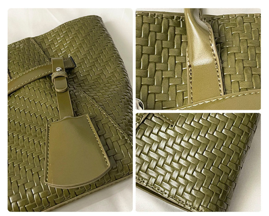 Textured Woven East-West Tote Bag with Belt Buckle Detail