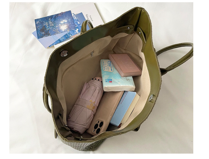 Textured Woven East-West Tote Bag with Belt Buckle Detail