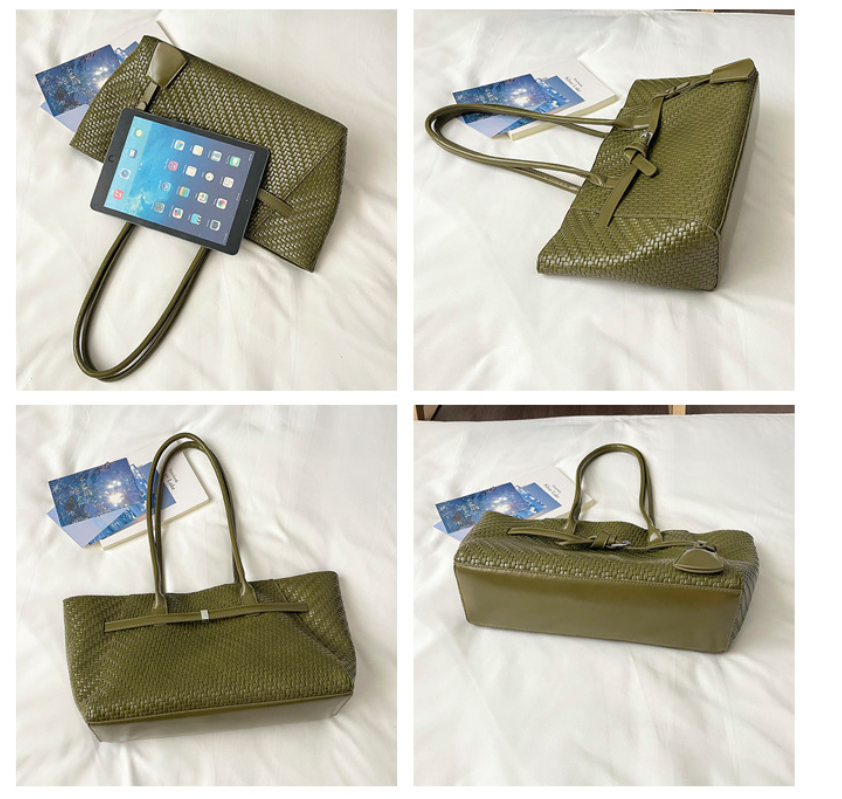 Textured Woven East-West Tote Bag with Belt Buckle Detail