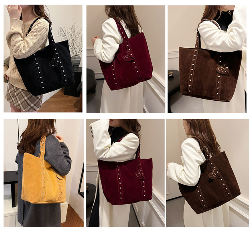 Vintage Suede-Look Studded Tote Bag with Heart Charm