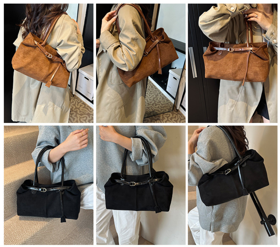 Vintage Suede-Look East-West Shoulder Bag with Belt Detail