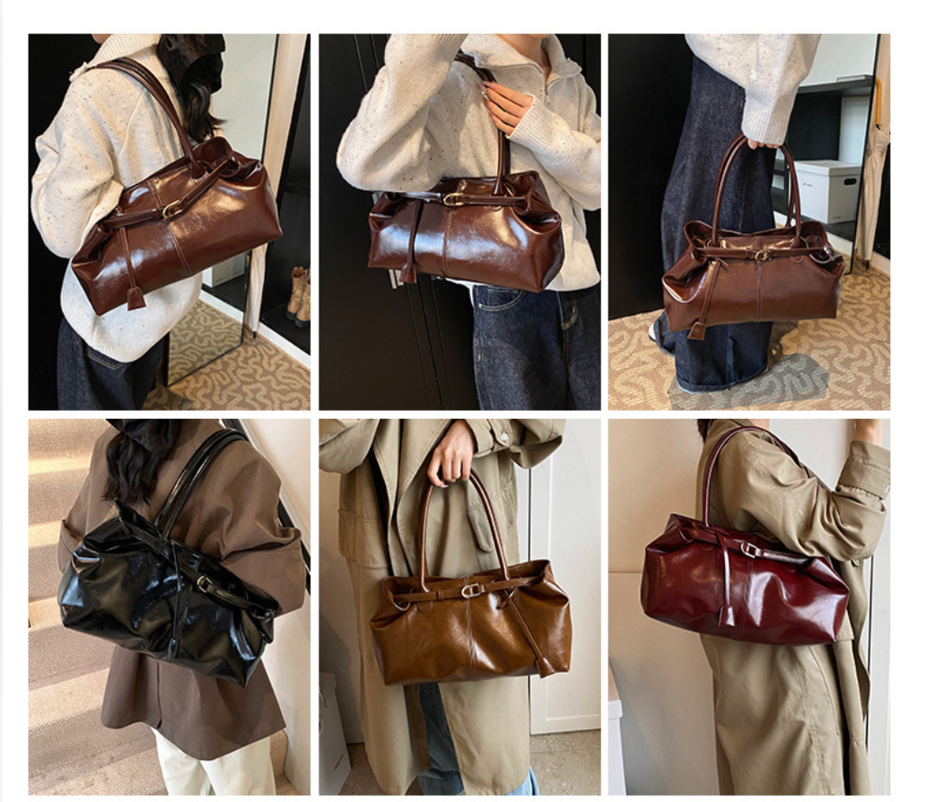 Glossy East-west Shoulder Bag with Elegant Belted Detailing