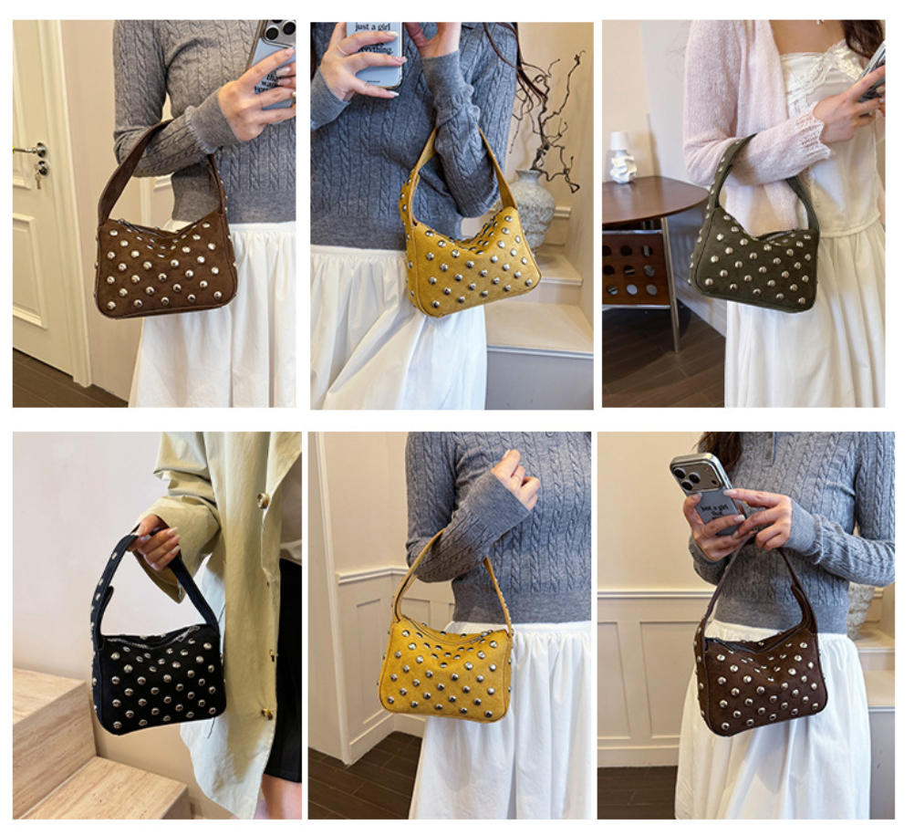Suede Studded Shoulder Bag with Sleek Zipper Closure