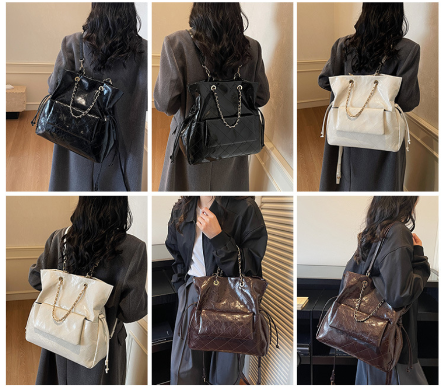 Glossy Quilted Convertible Backpack Tote Bag with Chain Detail