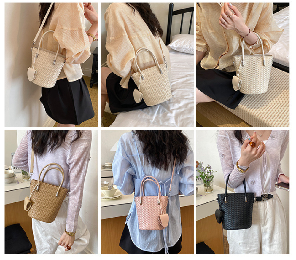 Woven Bucket Bag with Detachable Strap and Zipper