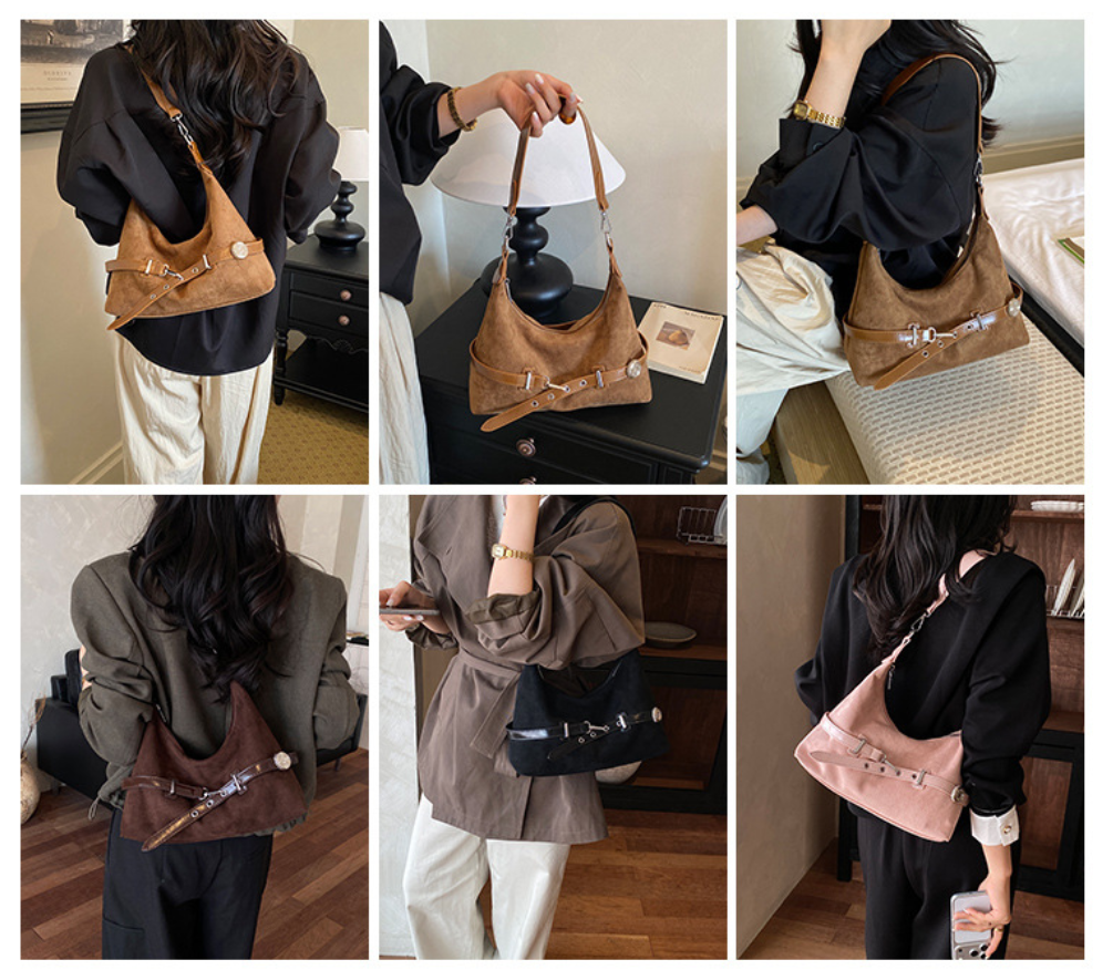 Soft Suede Belted Hobo Shoulder Bag