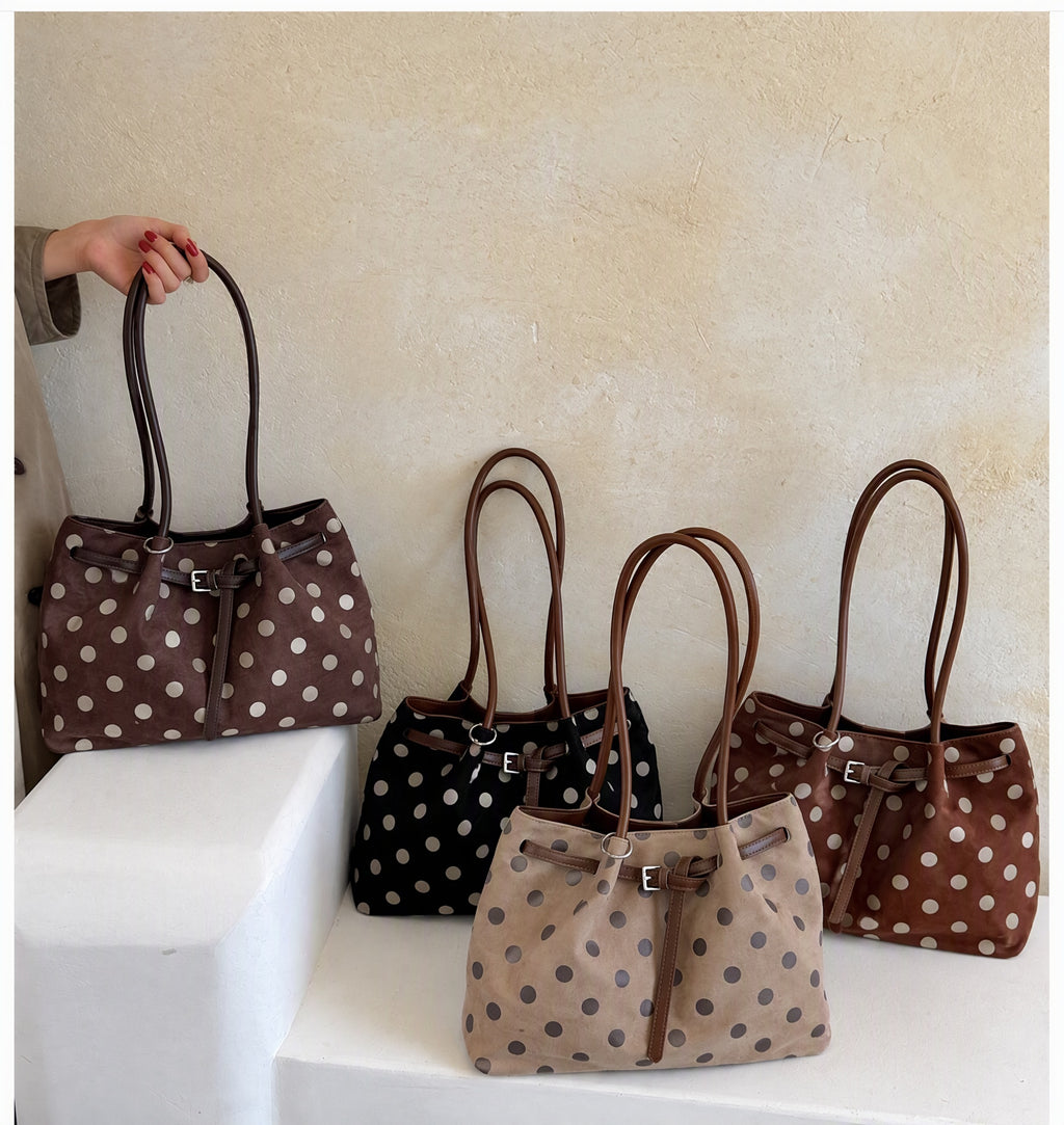 Polka Dot Suede Tote with Buckle Detail