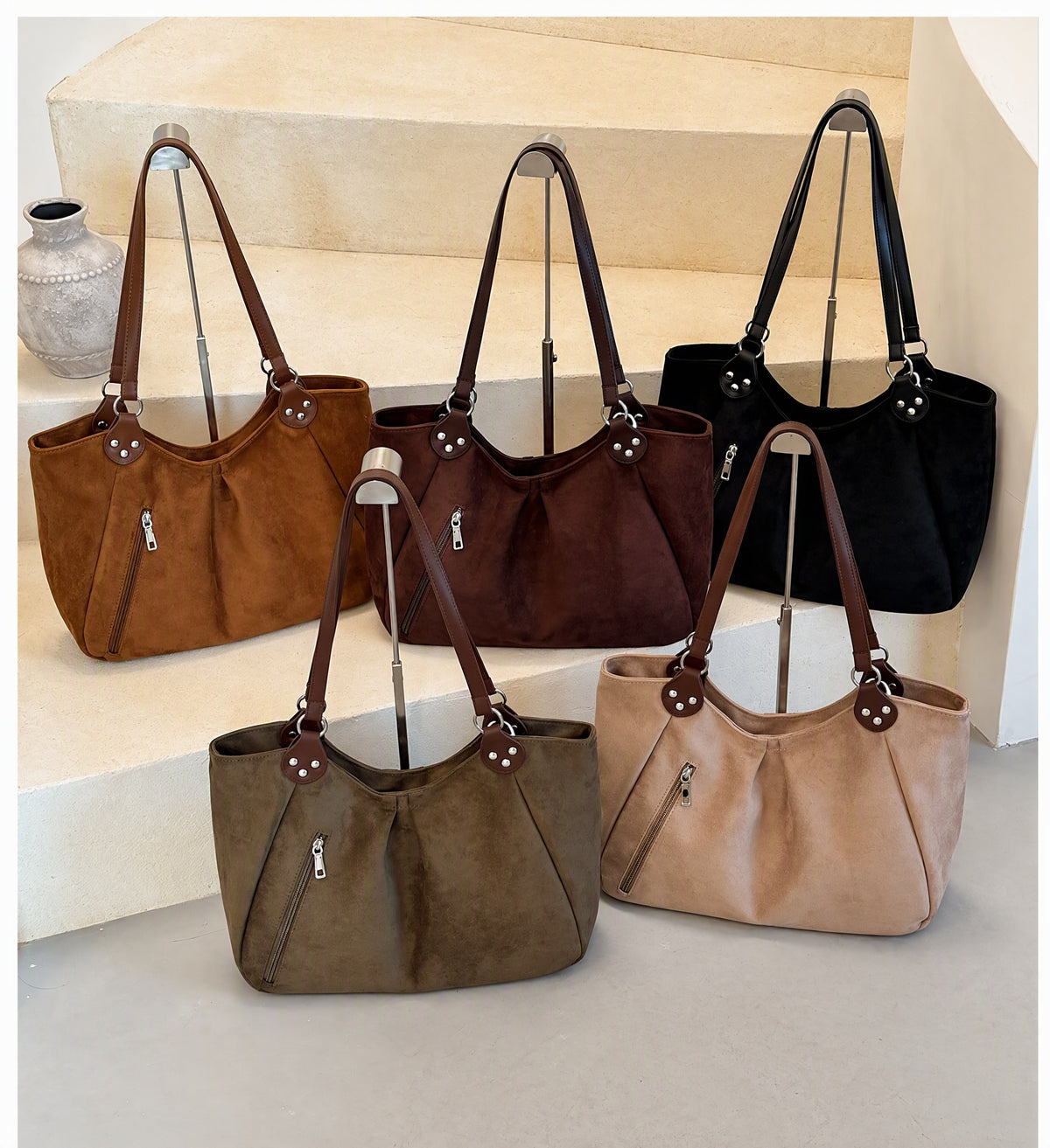 Vintage Suede-Look Slouchy Shoulder Tote Bag