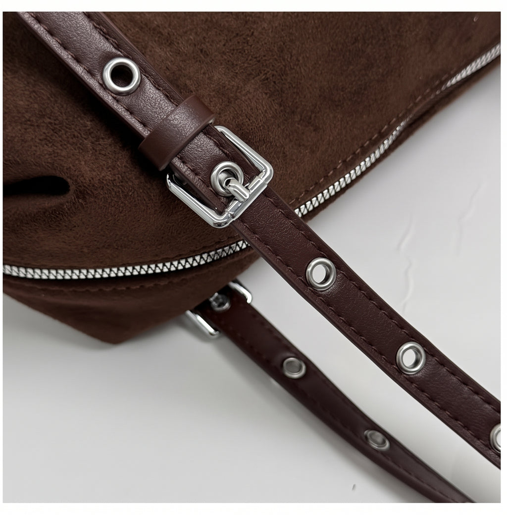 Vintage Studded Suede-Look Boston Shoulder Bag with Studded Straps