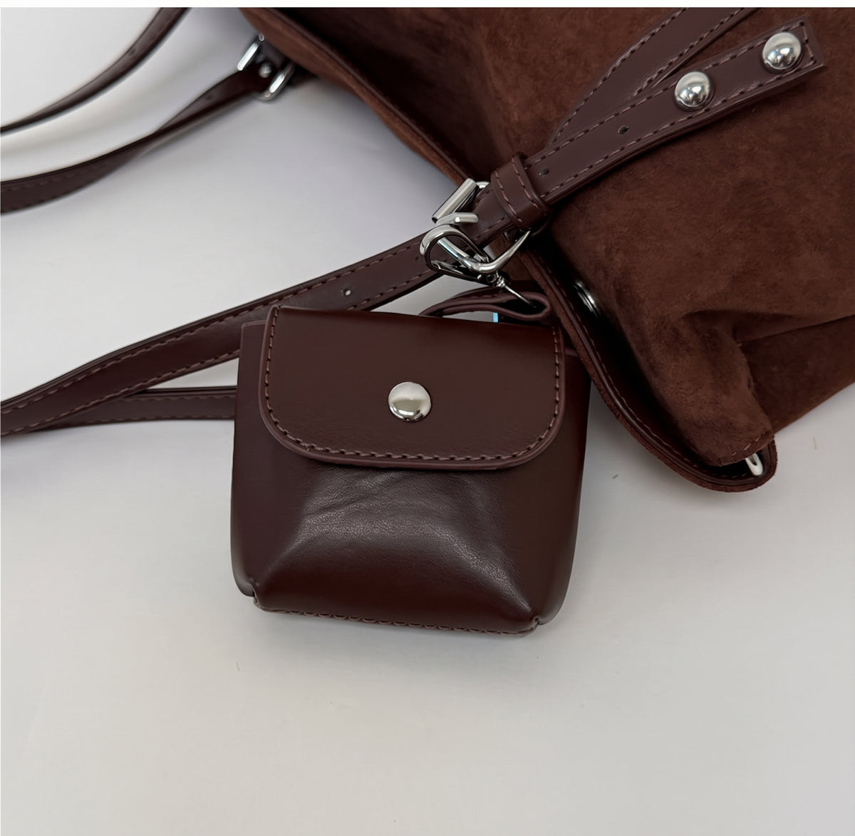 Vintage Suede Shoulder Bag with Mini Pouch and Adjustable Strap
