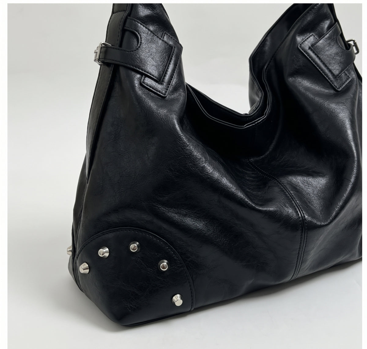 Slouchy Studded Hobo Bag with Buckle Details