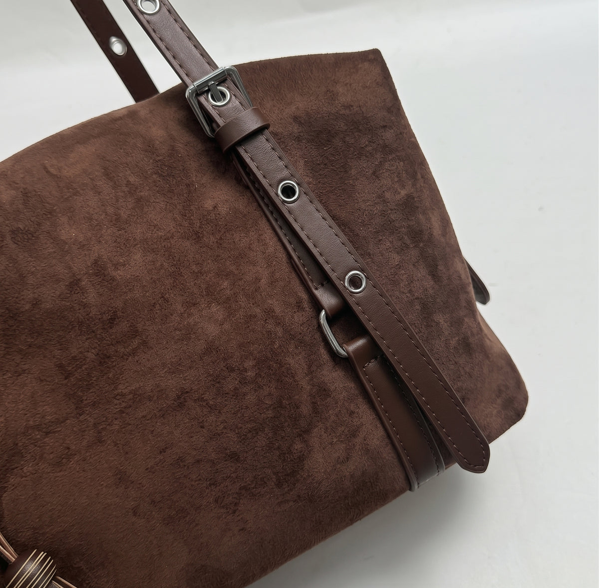 Vintage Suede Boston Bag with Buckle Straps