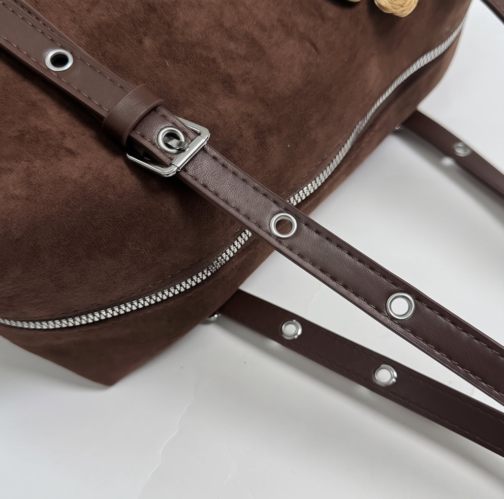 Vintage Suede Boston Bag with Buckle Straps