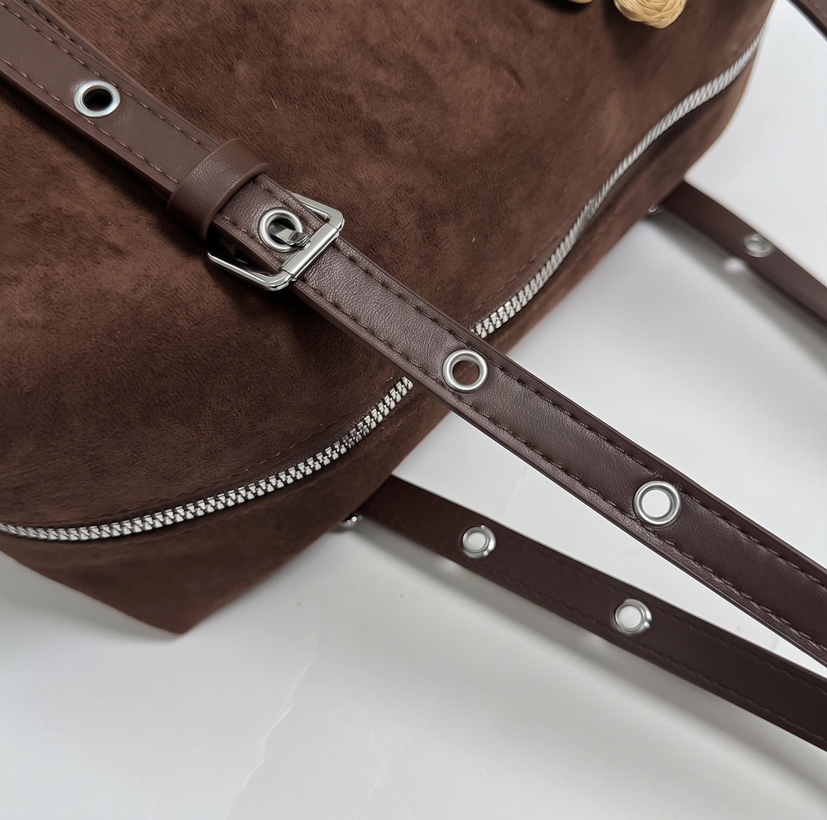 Vintage Suede Boston Bag with Buckle Straps