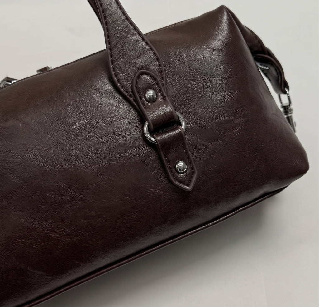 Vintage East-West Barrel Shoulder Bag with Buckle Details
