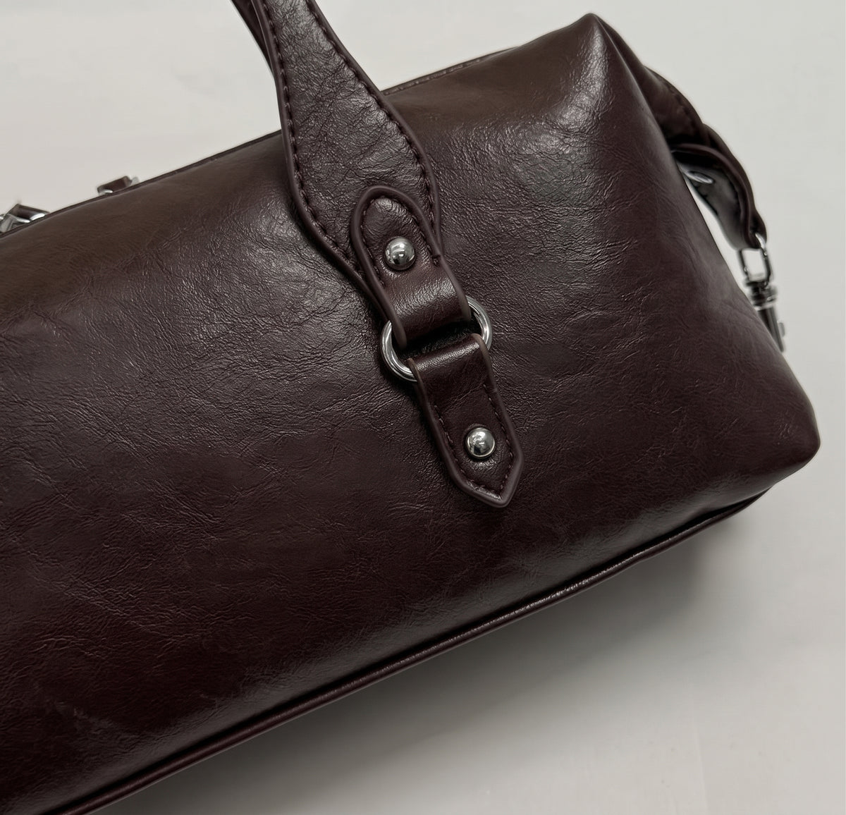 Vintage East-West Barrel Shoulder Bag with Buckle Details