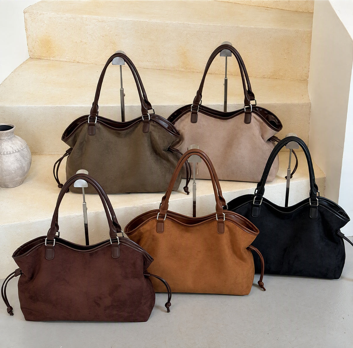Vintage Suede-Feel Slouchy Shoulder Tote Bag