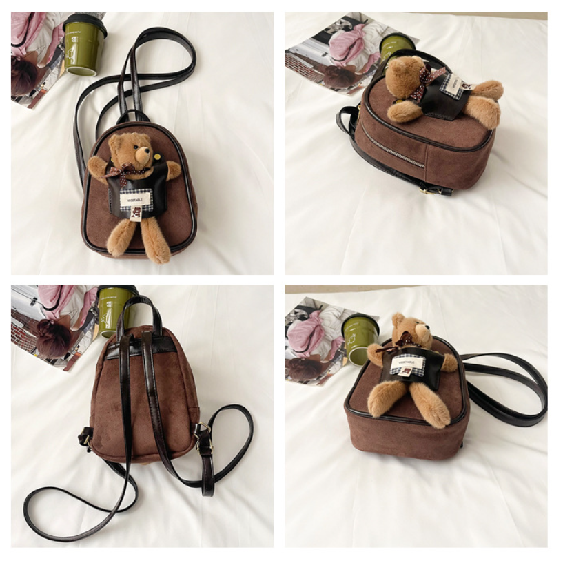 Mini Suede Backpack with Cute Plush Bear