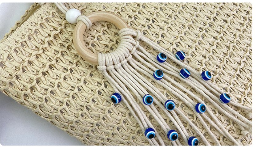 Woven Large Tote with Boho Tassel Charm
