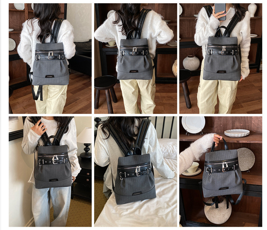 Vintage Pinstripe Backpack with Buckle Detail