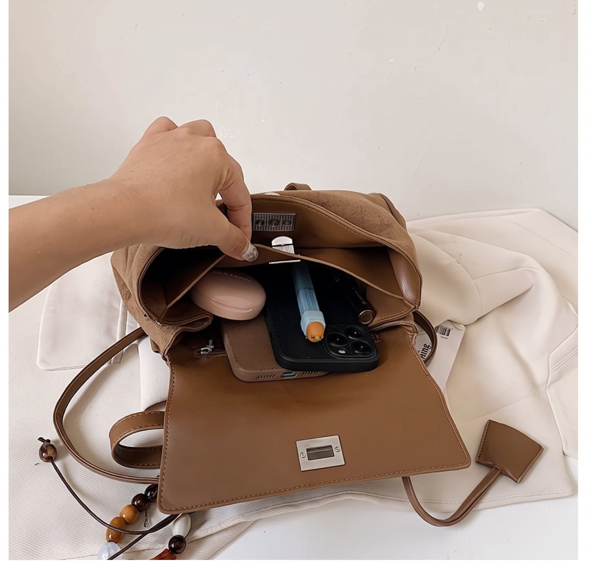 Vintage Suede Convertible Shoulder Bag with Turn-Lock Closure