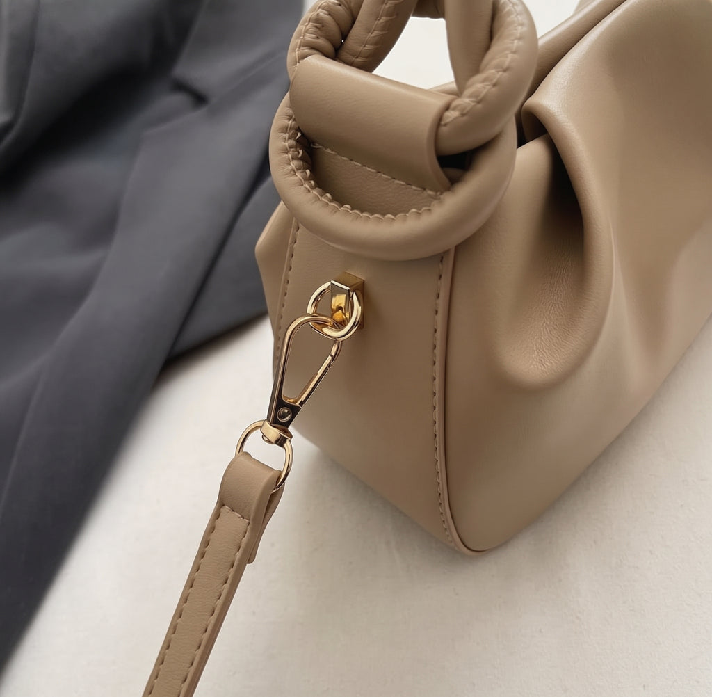 Soft PU Handbag with Knotted Handle and Crossbody Strap