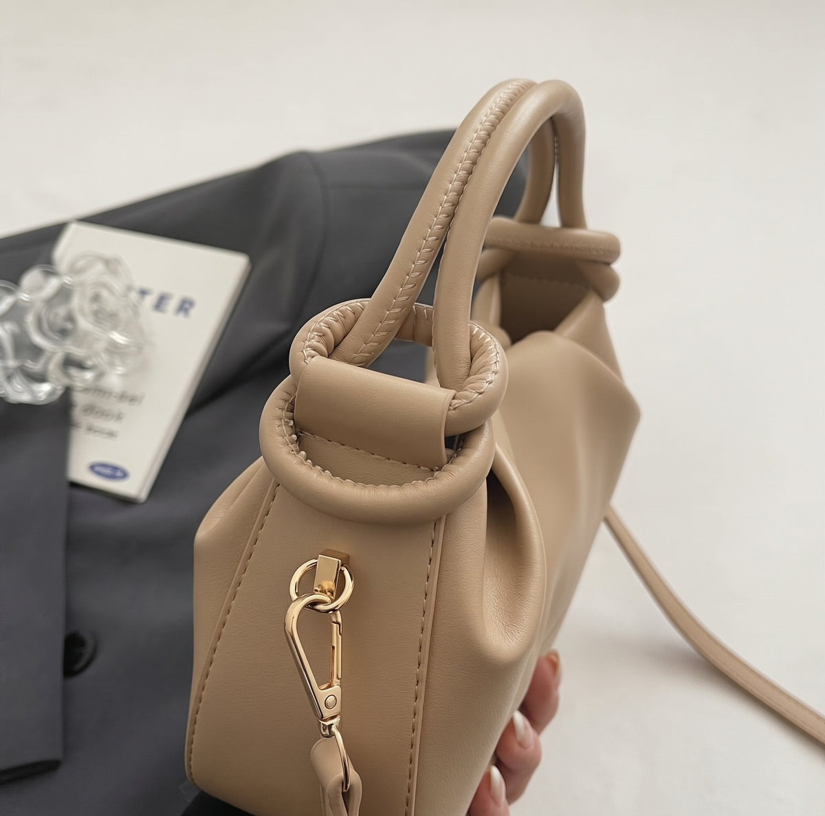 Soft PU Handbag with Knotted Handle and Crossbody Strap