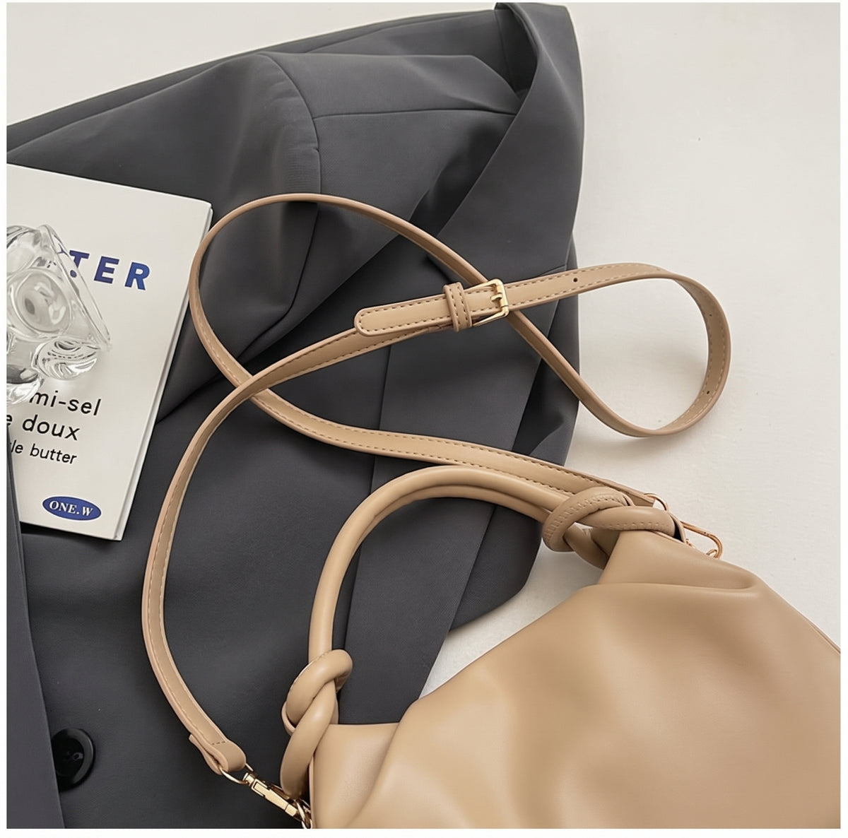 Soft PU Handbag with Knotted Handle and Crossbody Strap
