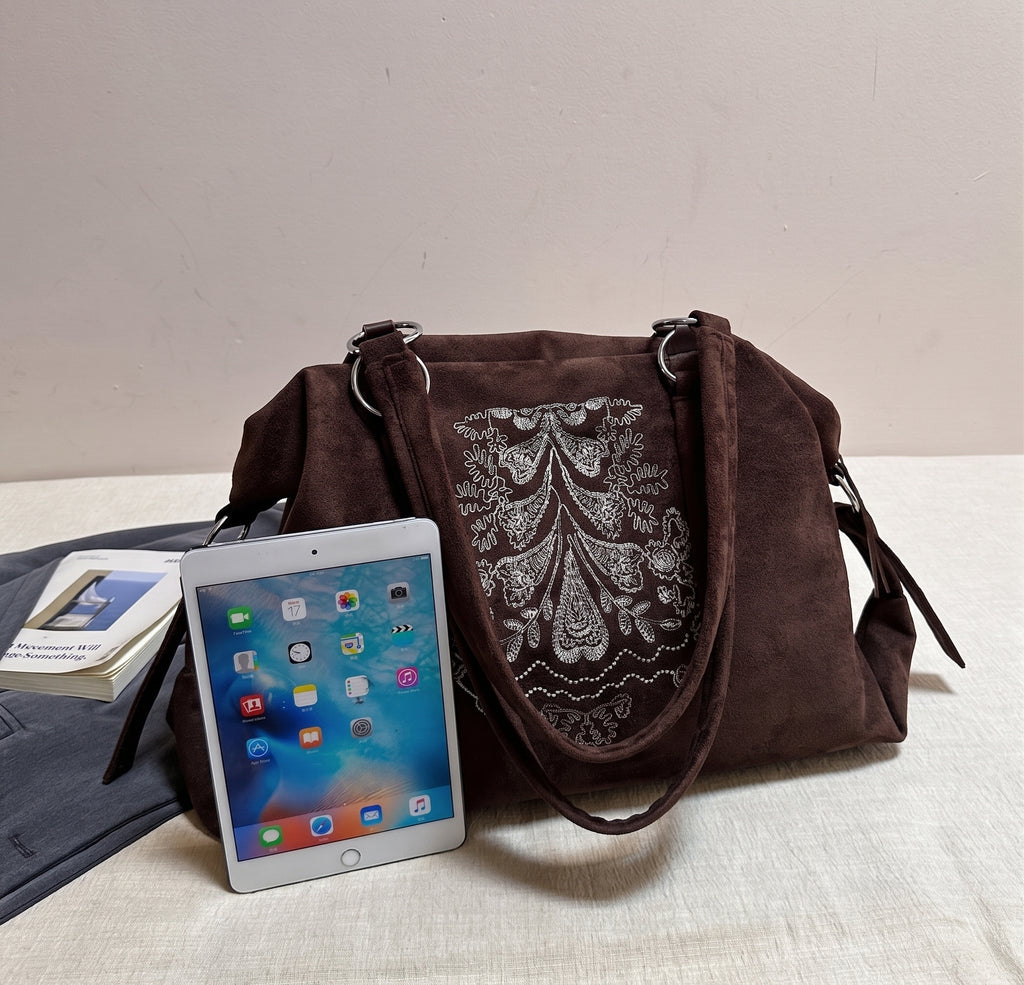 Vintage Embroidered Suede Shoulder Tote Bag