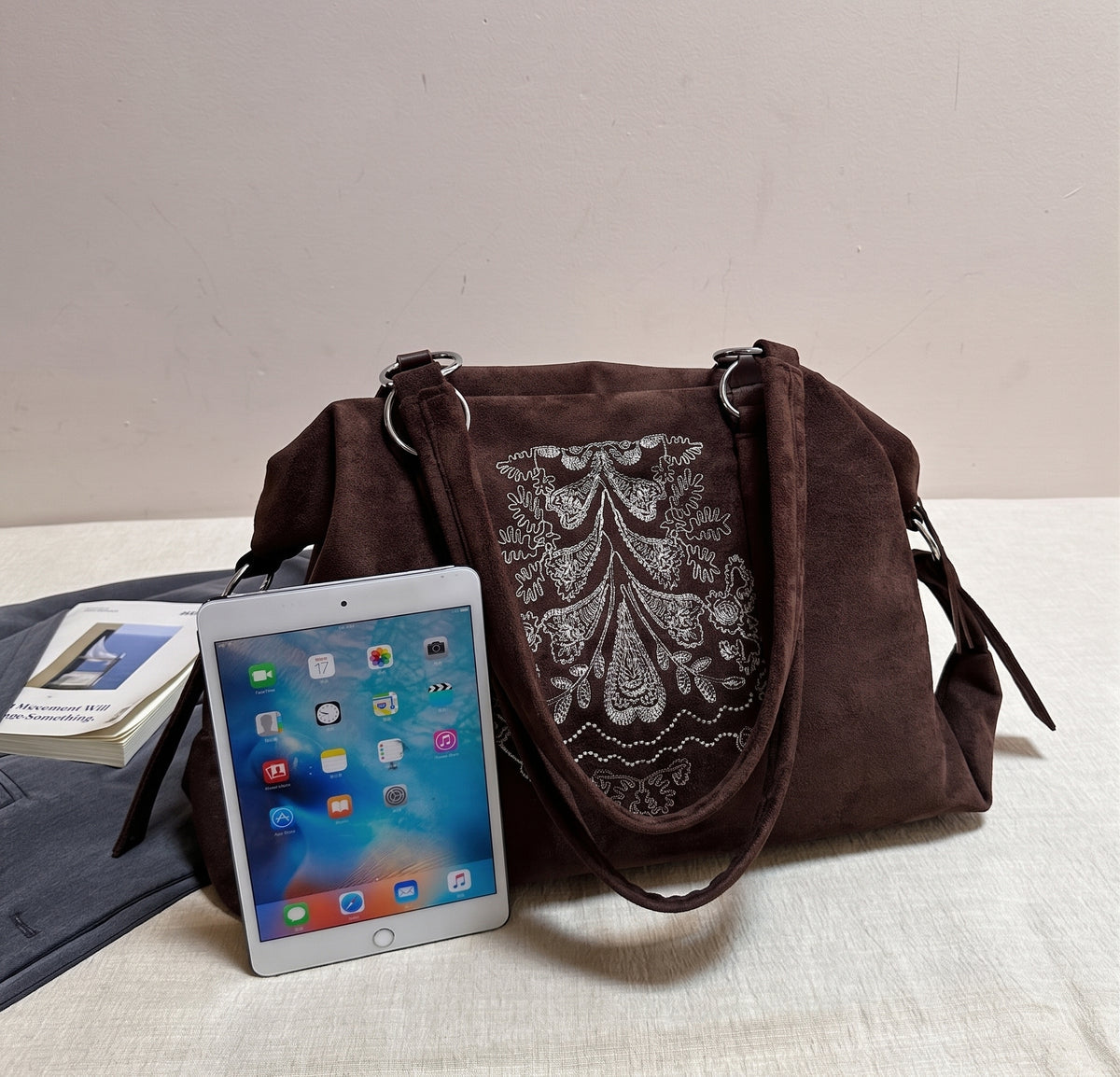 Vintage Embroidered Suede Shoulder Tote Bag