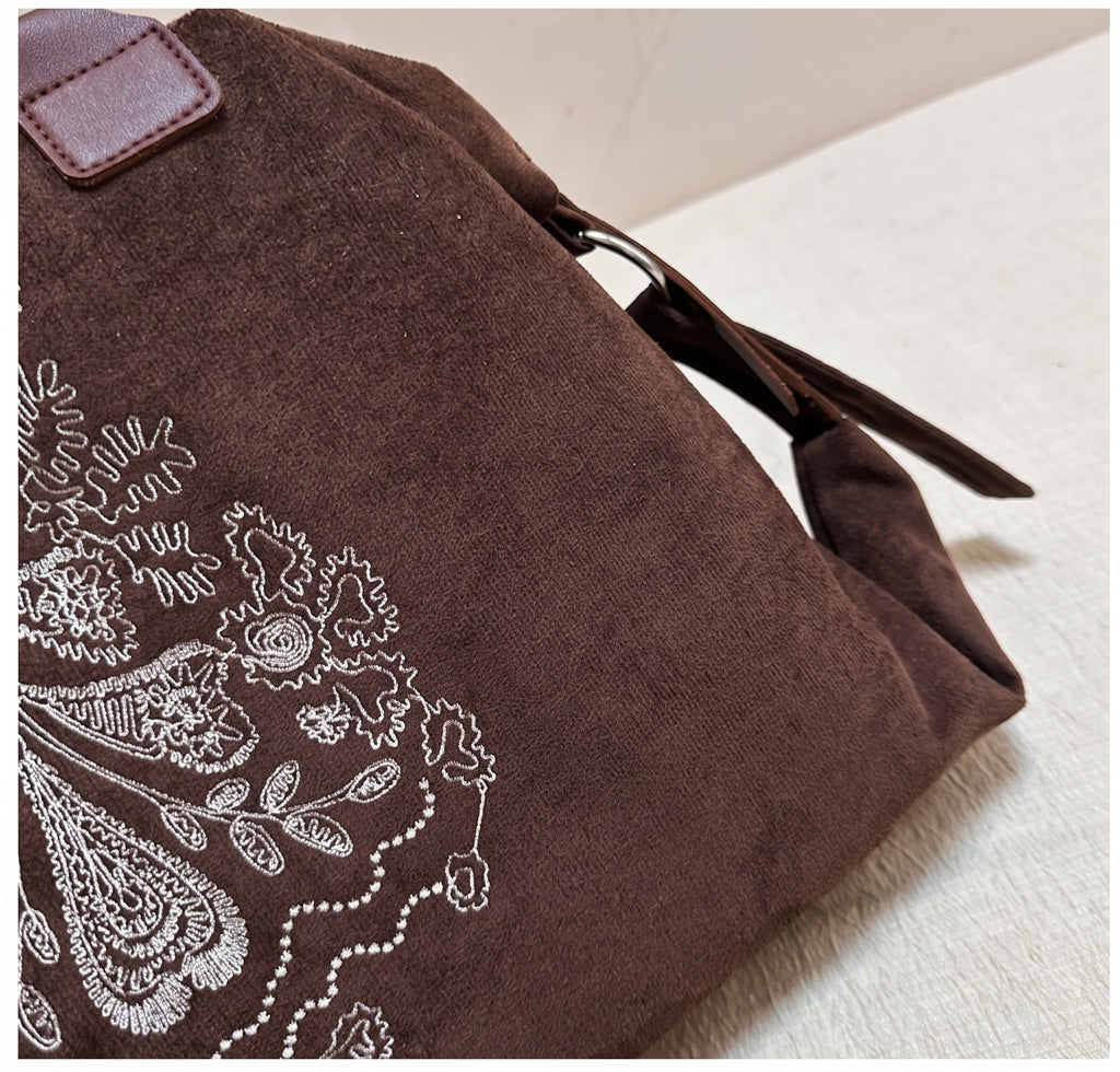 Vintage Embroidered Suede Shoulder Tote Bag