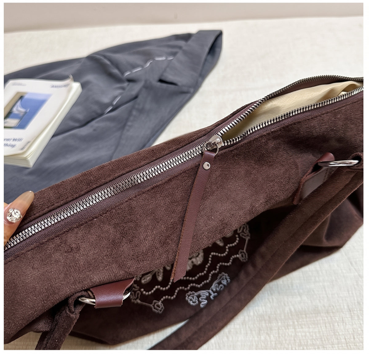 Vintage Embroidered Suede Shoulder Tote Bag