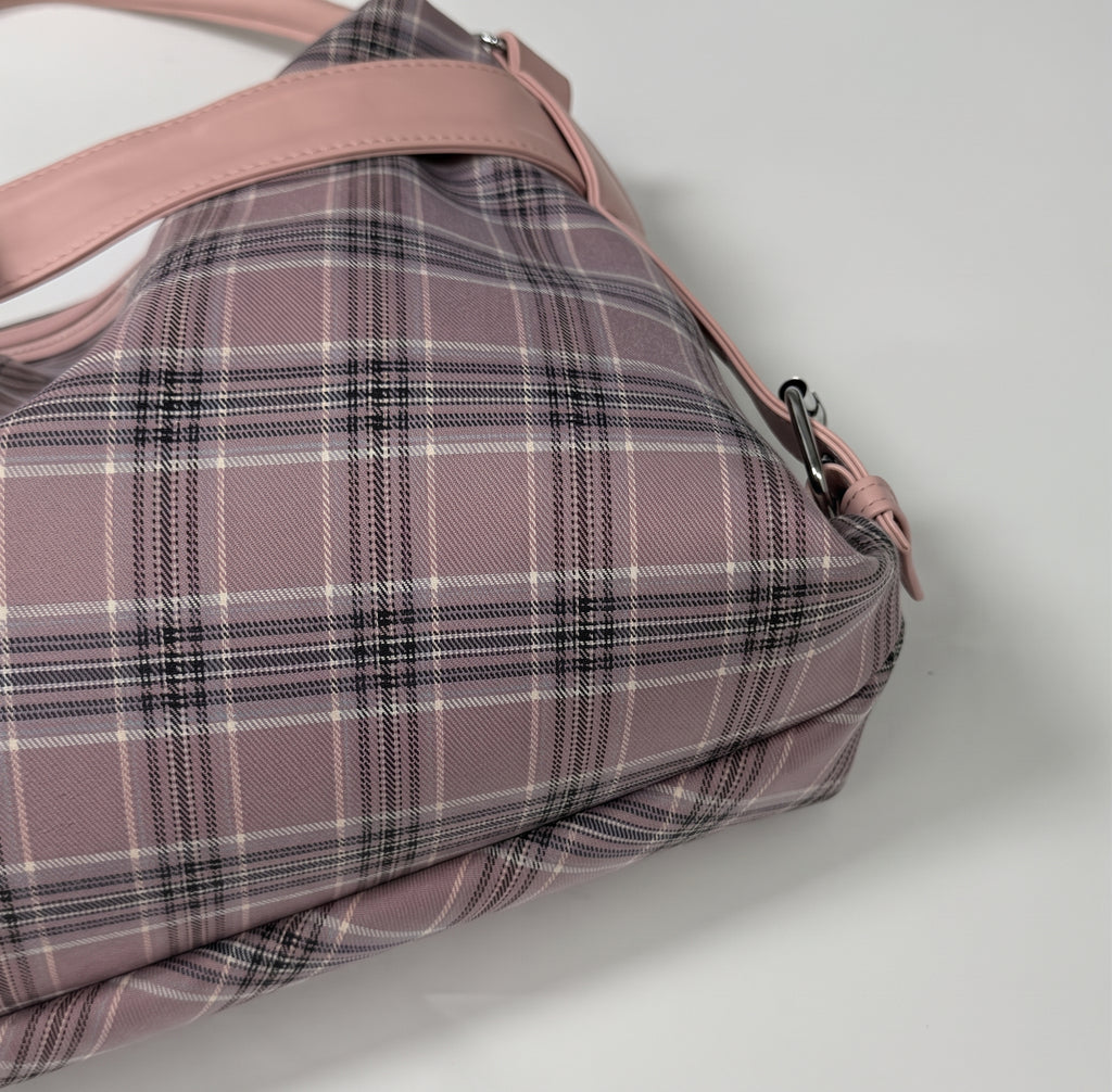 Vintage Plaid Handbag with Buckle Detail and Convertible Crossbody Strap