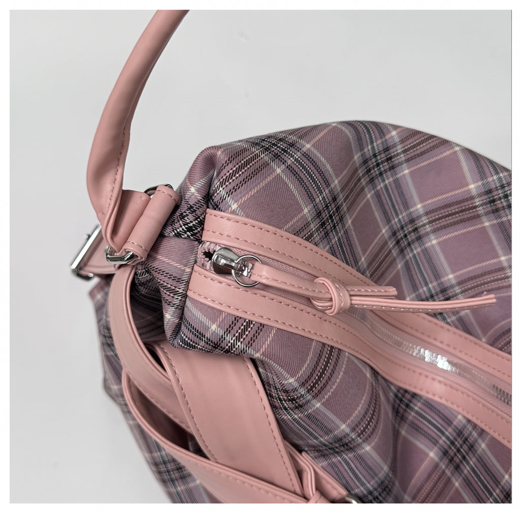 Vintage Plaid Handbag with Buckle Detail and Convertible Crossbody Strap