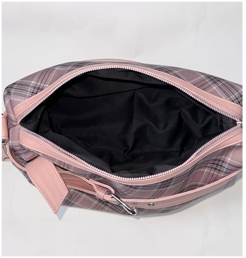 Vintage Plaid Handbag with Buckle Detail and Convertible Crossbody Strap