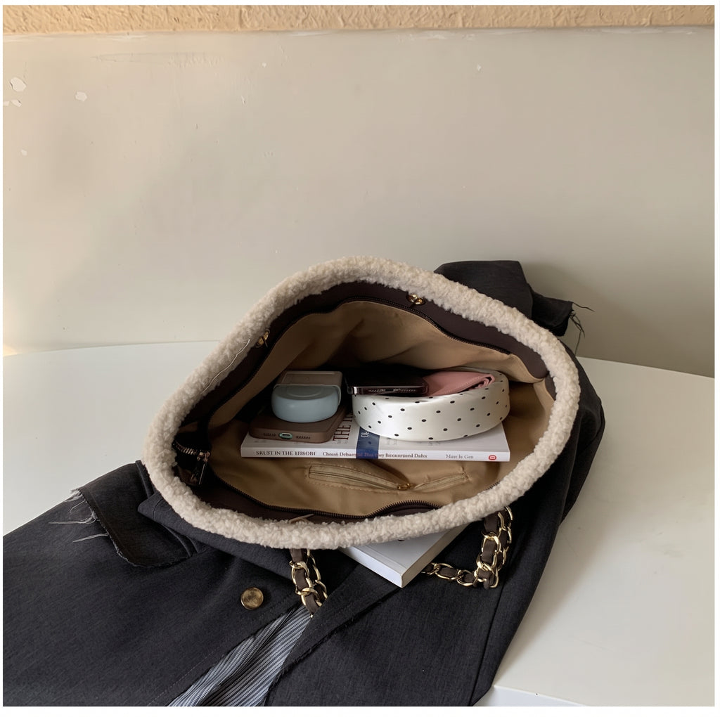Sherpa Trim Quilted Shoulder Tote Bag