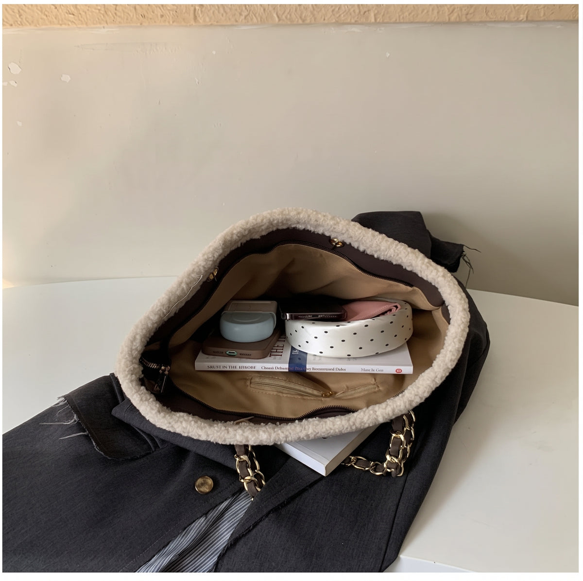 Sherpa Trim Quilted Shoulder Tote Bag