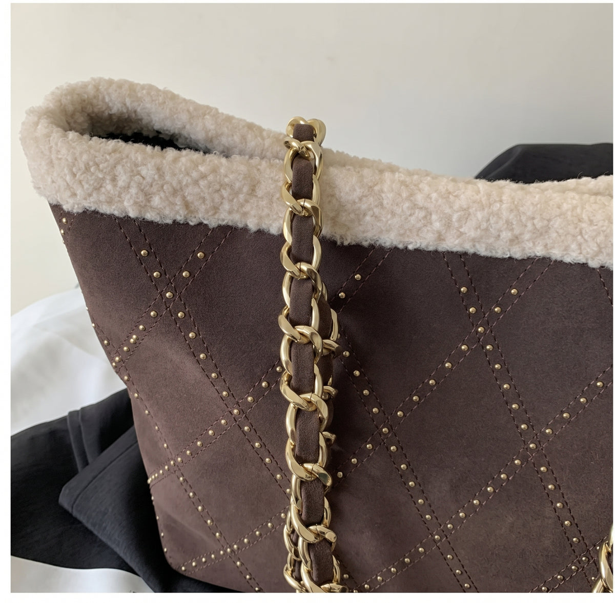 Sherpa Trim Quilted Shoulder Tote Bag