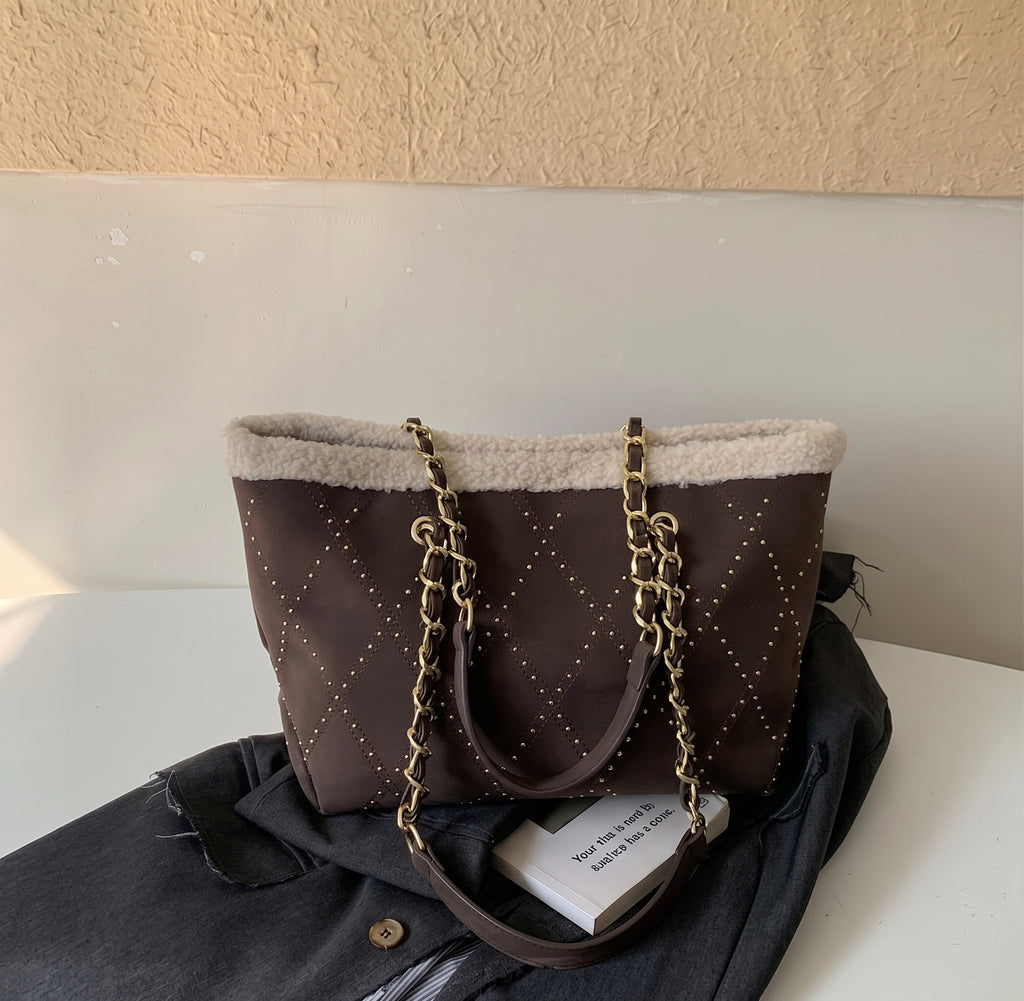 Sherpa Trim Quilted Shoulder Tote Bag