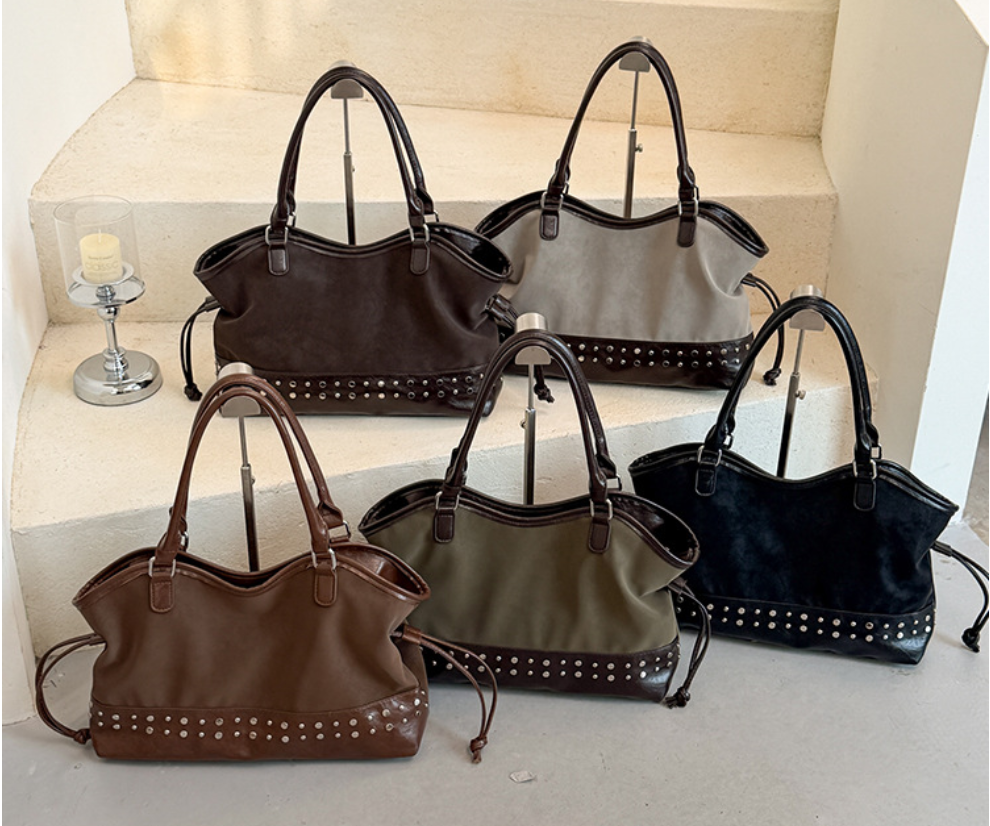 Vintage Suede Studded Shoulder Tote Bag