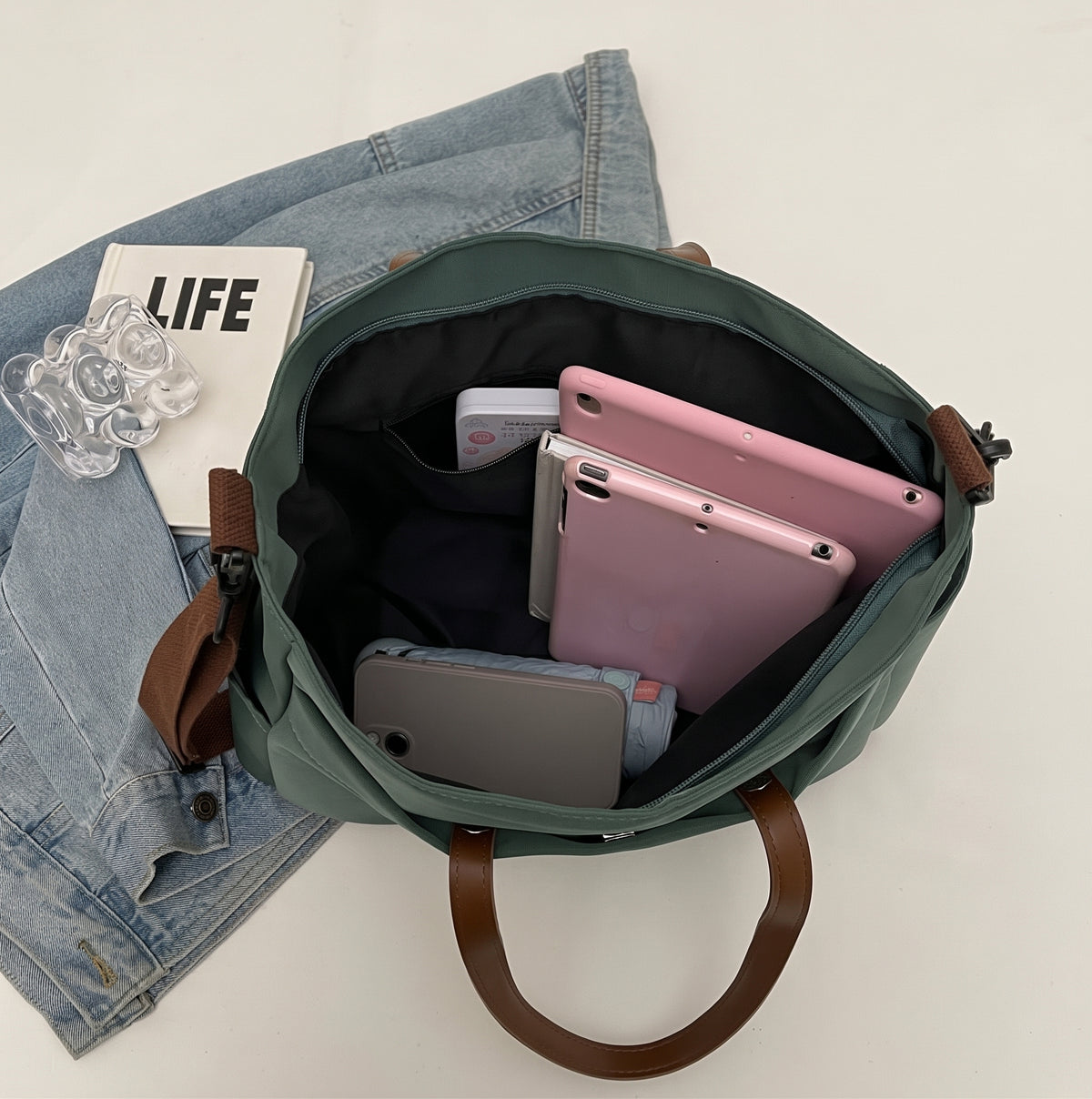 Lightweight Canvas Tote Bag with Multi Pockets and Adjustable Strap
