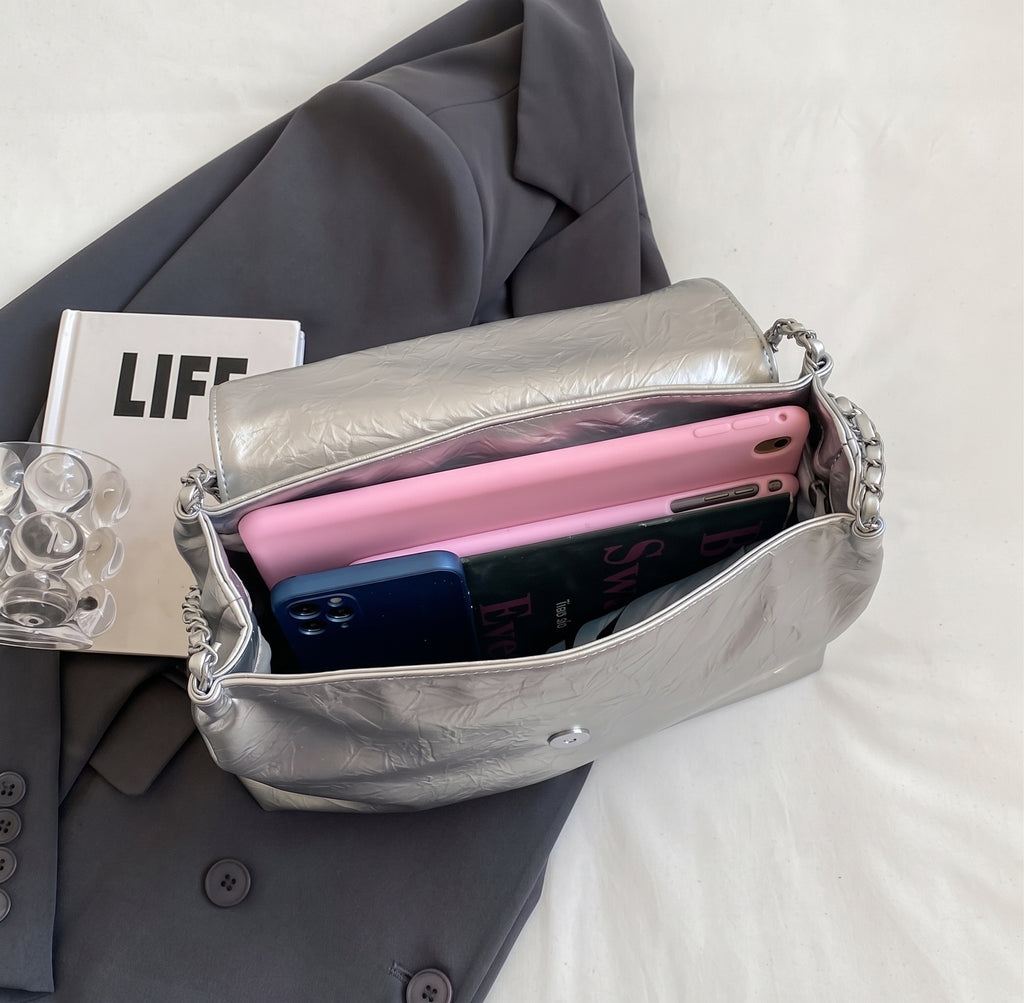 Slouchy Shoulder Bag with Metallic Chain Strap