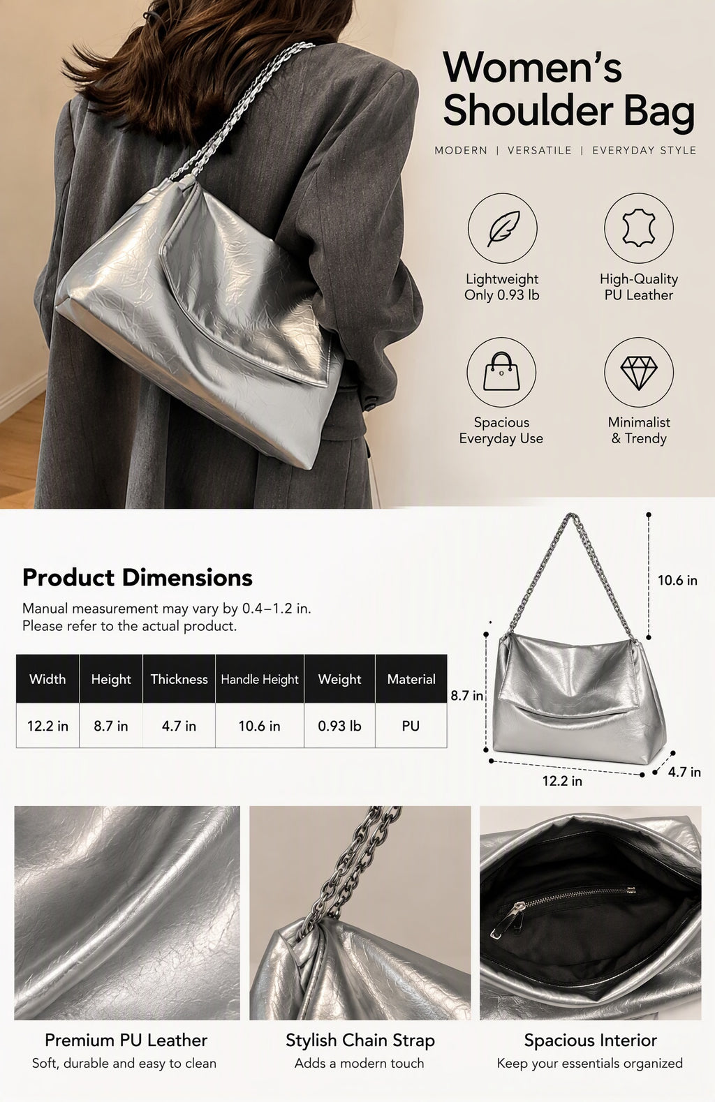 Slouchy Shoulder Bag with Metallic Chain Strap